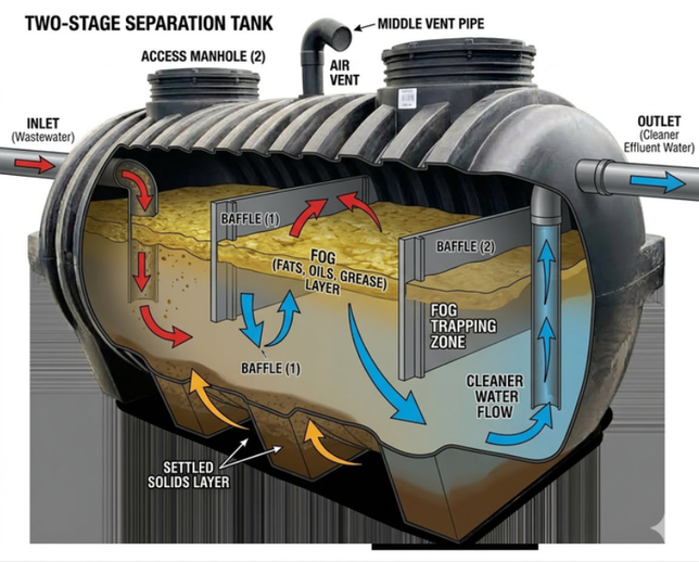 Commercial grease trap cutaway diagram for AS/NZS 1546 specification support