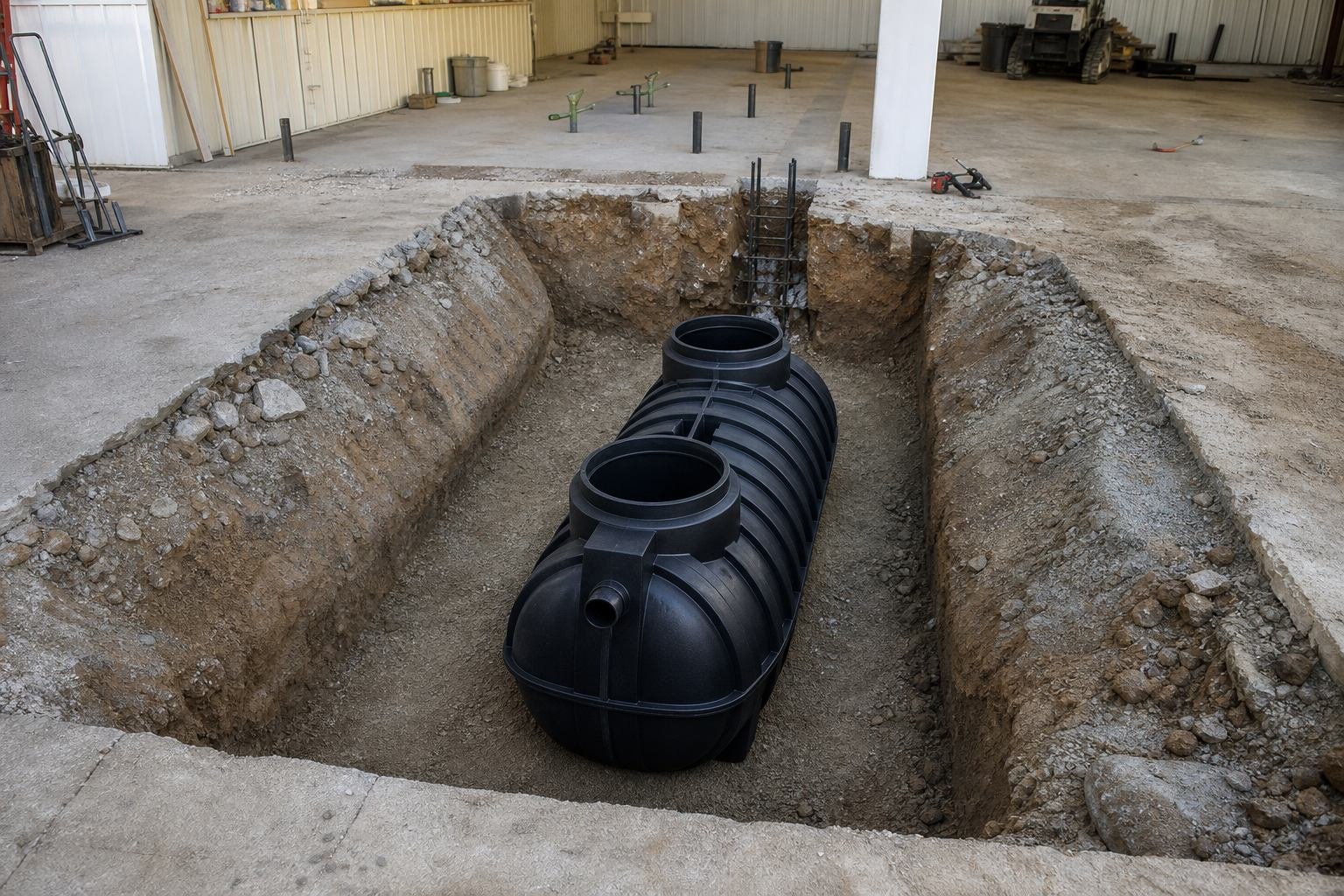 Commercial grease trap installation in excavation